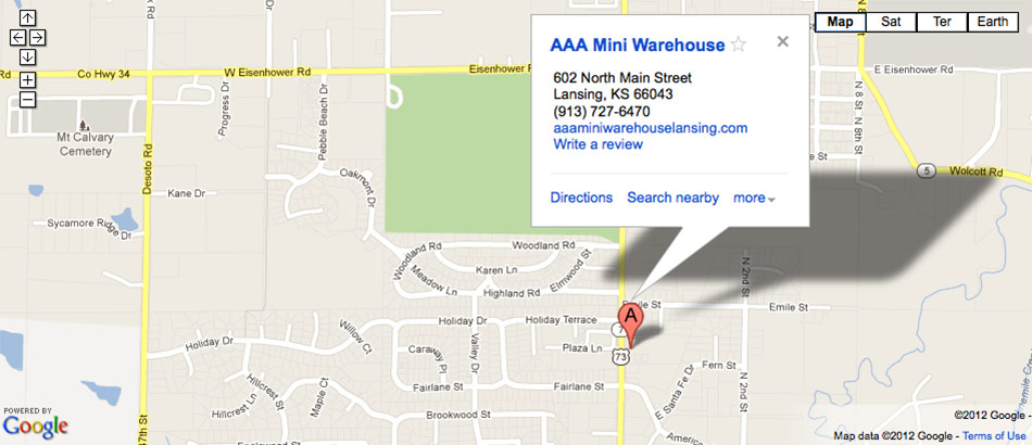 Google map of AAA Mini Warehouse in Lansing, KS